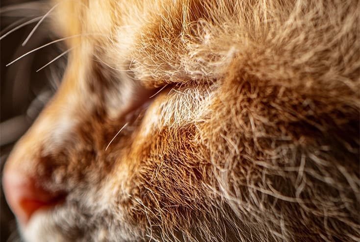 Cat with symmetrical hair loss from over-grooming on video exam