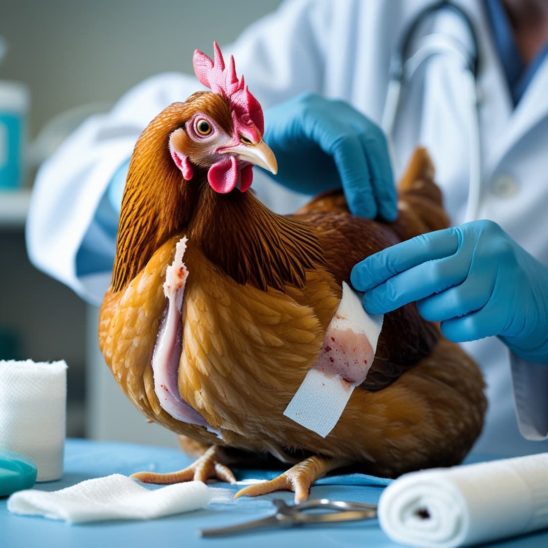 Hen receiving basic wound care from a prepared chicken first aid kit