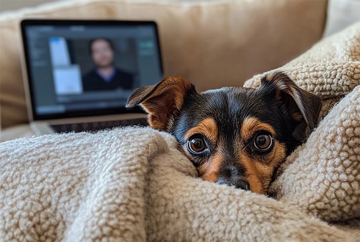 Nervous dog comforted by owner during online anxiety consultation