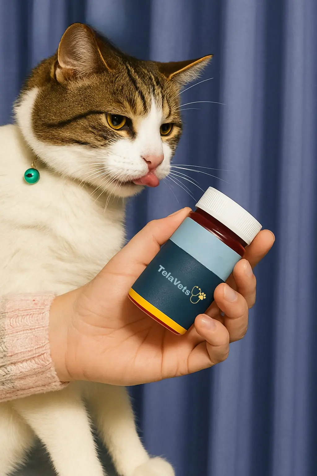 TeleVets pet medication bottle with cat - online pet pharmacy for dogs and cats